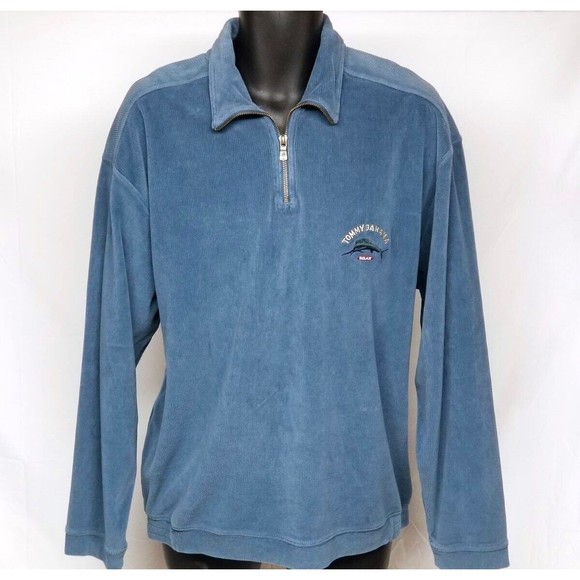 Tommy Bahama Relax Mens Sz Large 1/4 Zip Blue Velour Sweater Pullover Swordfish - Picture 1 of 4